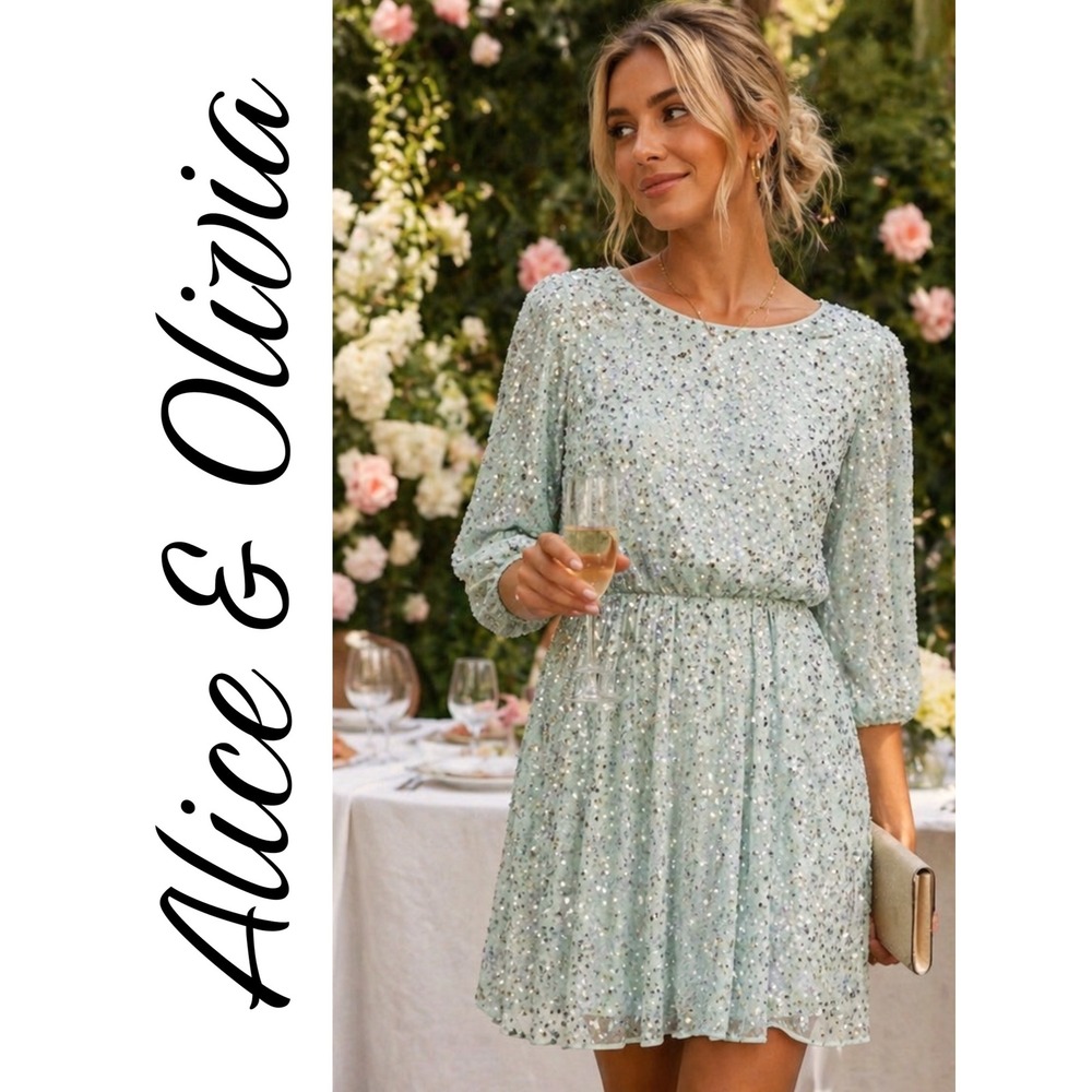 Alice + Olivia Sequin Mini Dress NWT Size 4 Open Back Venus Blue Party Cocktail